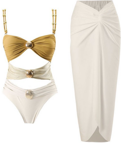 One Piece Swimsuit with Beach Cover up Wrap Skirt Cream