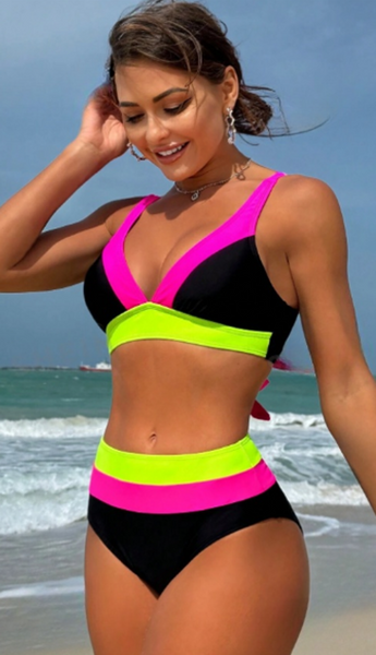 Solid Contrast Color Tie Side Bikini Swimsuit Multicolor