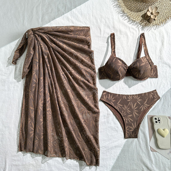 Brown Mesh Print High Cut Bikini Set With Sarong