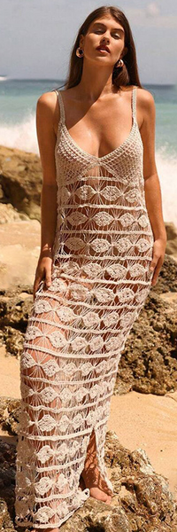 Brown Solid Hollow Crochet Spaghetti Strap Beach Dress