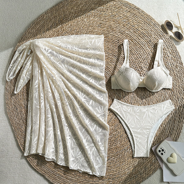 White Mesh Print High Cut Bikini Set With Sarong