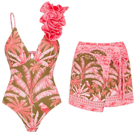 Tropical Print V-neck Flower Decor One Piece Swimsuit With Skirt Pink