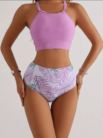 Purple Tropical Print Bikini Swimsuit