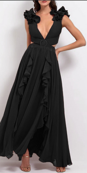 Black Solid Ruffle One Piece Swimsuit With Beach Skirt