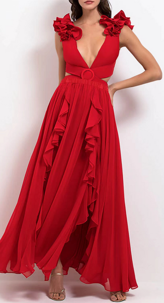 Red Solid Ruffle One Piece Swimsuit With Beach Skirt
