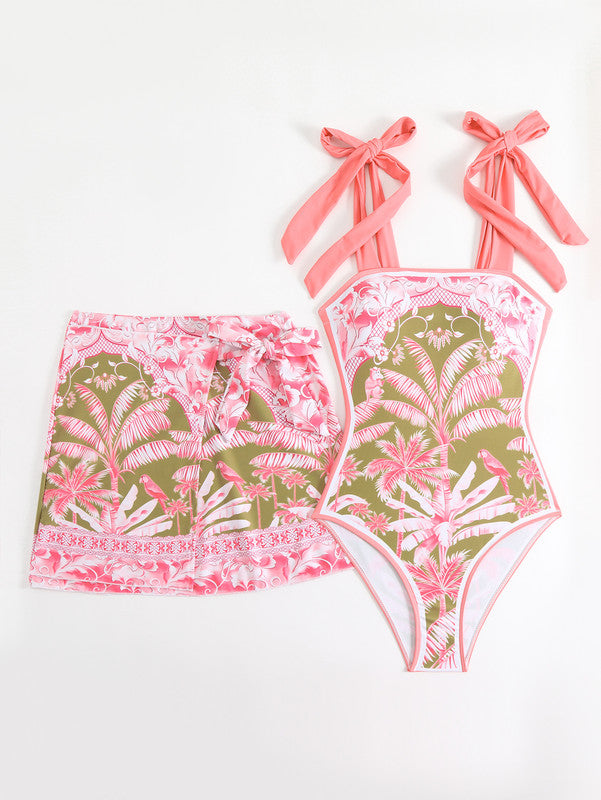 Tropical Print One-Piece Swimsuit Set with Skirt Pink