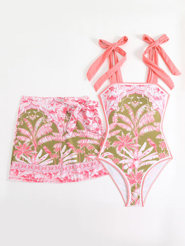 Tropical Print One-Piece Swimsuit Set with Skirt Pink