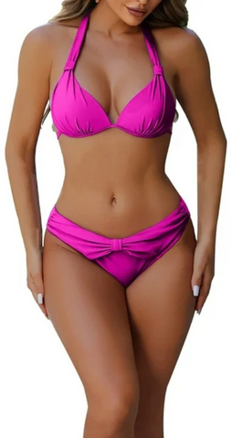 High Waist Split Triangle Hanging Neck Bikini Swimsuit Dark Pink