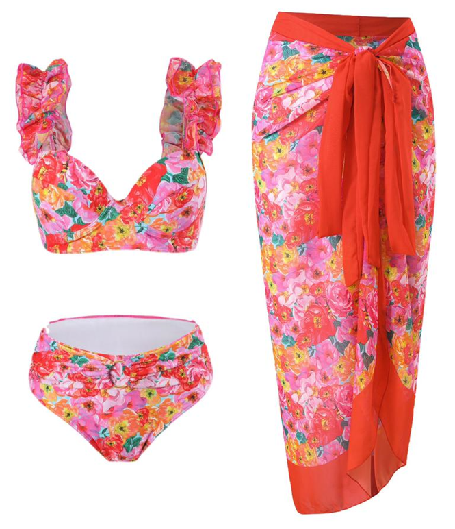 Flower Print Shoulder Straps Two Piece Bikini With Cover Up Swimsuit Multicolor