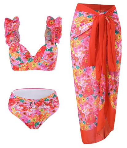 Flower Print Shoulder Straps Two Piece Bikini With Cover Up Swimsuit Multicolor