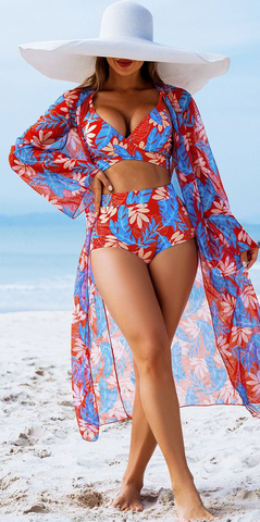 Tropical Print Spaghetti Straps High Waist Swimsuit Red