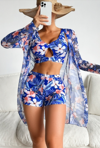 Tropical Floral Print Stretchy 3 Piece Set Bikini With Long Sleeve Kimono Blue