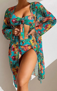 Dark Green Swim Classy Floral & Plants Print Bikini 3 Piece Suit