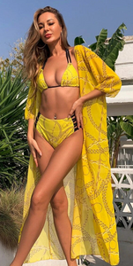 Chain Print 3pack Halter Triangle Bikini Swimsuit & Kimono Yellow