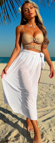 Spaghetti Strap Solid Front Ring Décor One Piece Swimsuit with Cover Up Cream