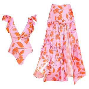 Tropical Print Shoulder Straps One Piece Swimsuit With Cover Up Pink