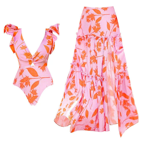 Tropical Print Shoulder Straps One Piece Swimsuit With Cover Up Pink