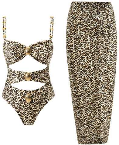 One Piece Swimsuit with Beach Cover up Wrap Skirt Leopard