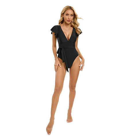 One Piece Swimsuit Deep V Neck Ruffle Sleeve Bikini Set Black