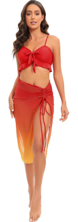 Gradient Colored Bikini Set With Front Knot Detail And Mesh Cover Up Red