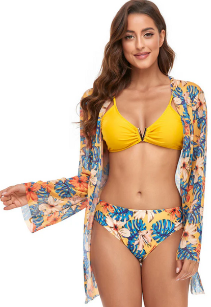 3 Piece Bikini Set Solid Color Bra Underwear Floral Triangular Swimwear Yellow