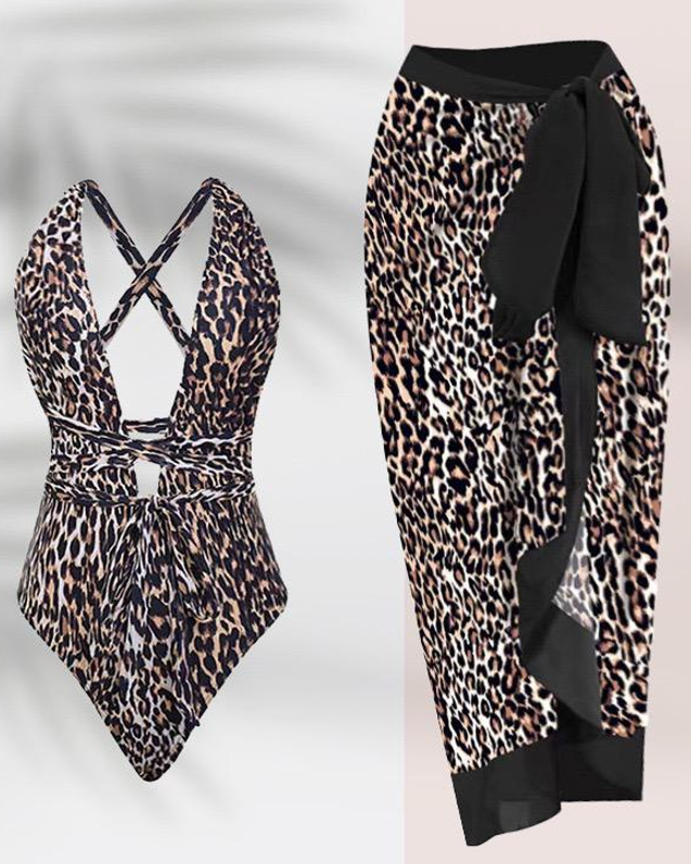 Deep V Leopard Print One Piece Swimwear with Cover Up