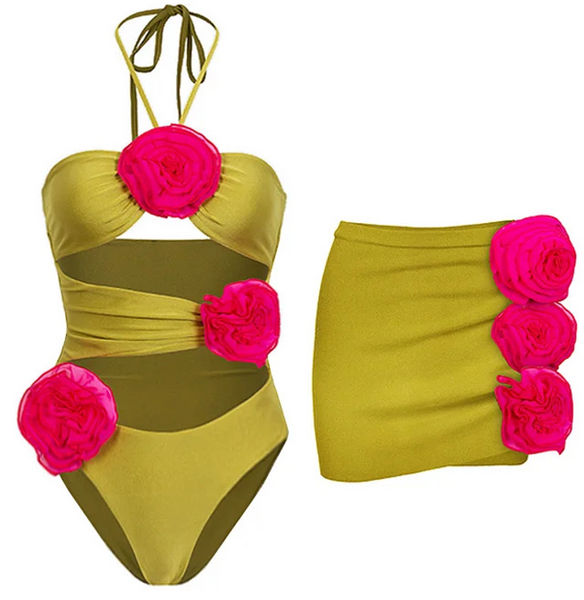 Green Solid Halter One Piece Swimsuit With Beach Skirt