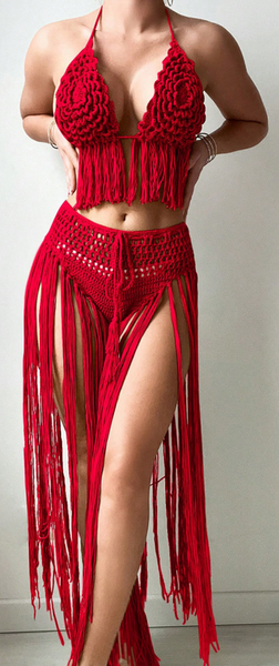 Red Solid Crochet Tassel Halter Top With High Waisted Skirt