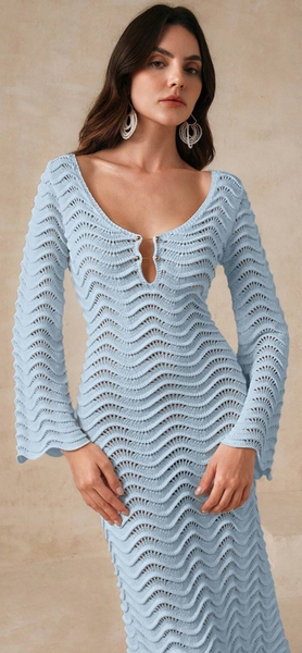 Blue Solid Crochet Knit Long Flare Sleeve Beach Dress