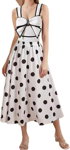 White Polka Dots One Piece Swimsuit With Beach Skirt