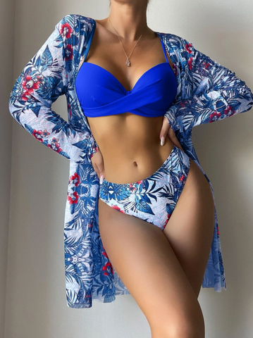 Tropical Print Push Up Bikini Swimsuit With Kimono Blue