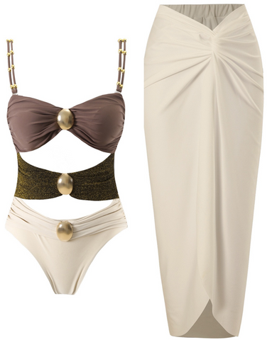 One Piece Swimsuit with Beach Cover up Wrap Skirt Brown