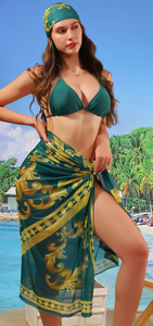 Random Print Halter Neck Four Piece Bikini Swimsuit Green