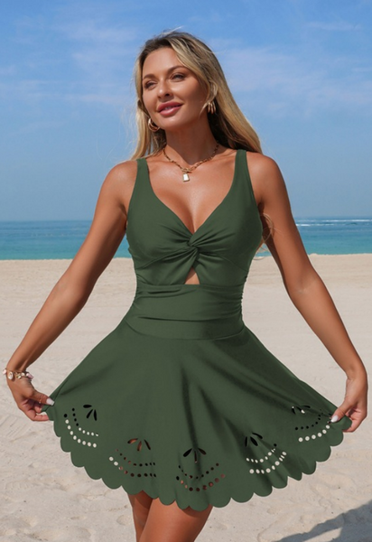 Green Solid Tankini Inspired One Piece Swimsuit