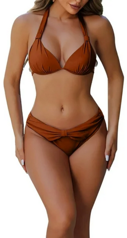 High Waist Split Triangle Hanging Neck Bikini Swimsuit Brown