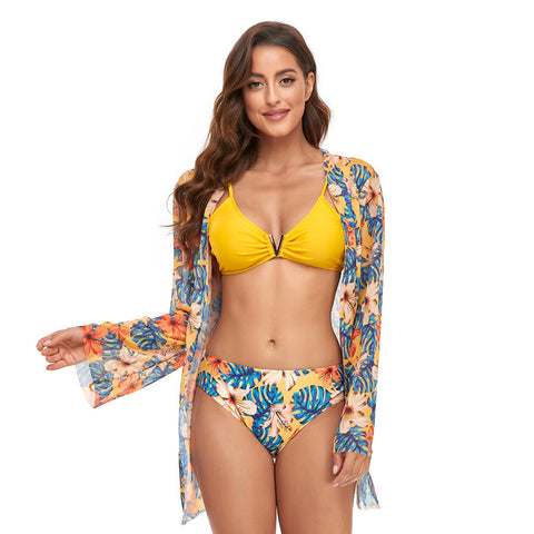 3 Piece Bikini Set Solid Color Bra Underwear Floral Triangular Swimwear Yellow