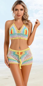 Halter Neck Strap High Waist Boxer Knitted Bikini Set Yellow