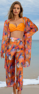 Front Cross Wrap Random Printed Four Piece Bikini with Pants and Cover Up Orange