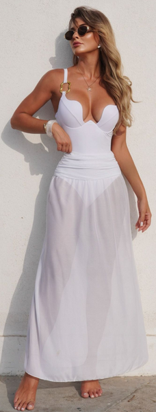 White Solid Deep V One Piece Swimsuit Beach Skirt