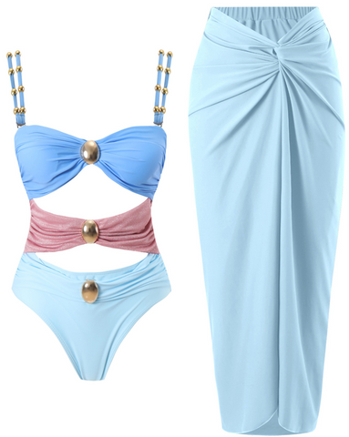 One Piece Swimsuit with Beach Cover up Wrap Skirt Blue