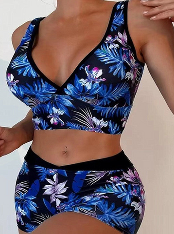 Tropical Plant Print Deep V Neck Two Pieces Set Tankini with Short Bottoms Blue