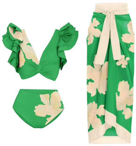 Flower Printed One Piece  Bikini Set with Beach Skirt Green