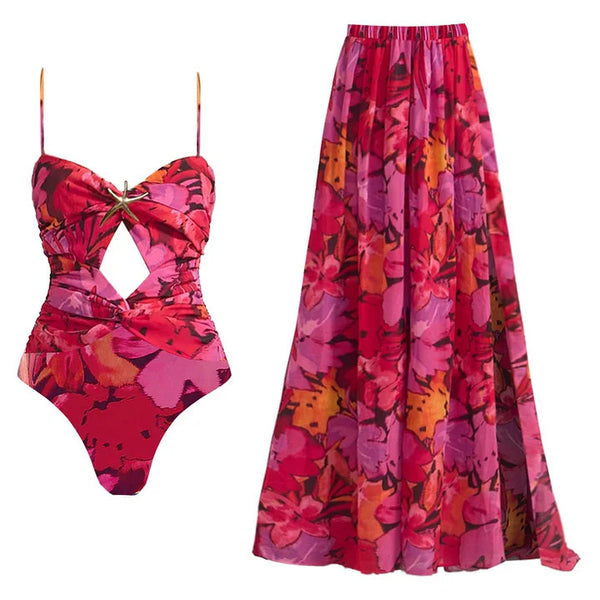 Color Fade Shoulder Strap One Piece Swimsuit with Cover Up Maroon