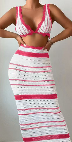 Solid Crochet Shoulder Strap Backless Two Piece Sets Pink