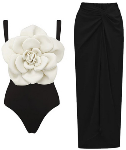 Solid Shoulder Strap Flower Décor One Piece Swimsuit with Skirt Black