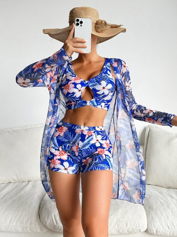 Tropical Floral Print Stretchy 3 Piece Set Bikini With Long Sleeve Kimono Blue