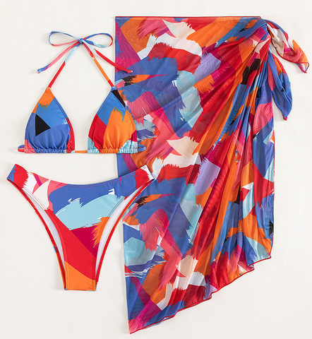 Allover Print Halter Triangle Bikini Swimsuit with Beach Skirt Multicolor