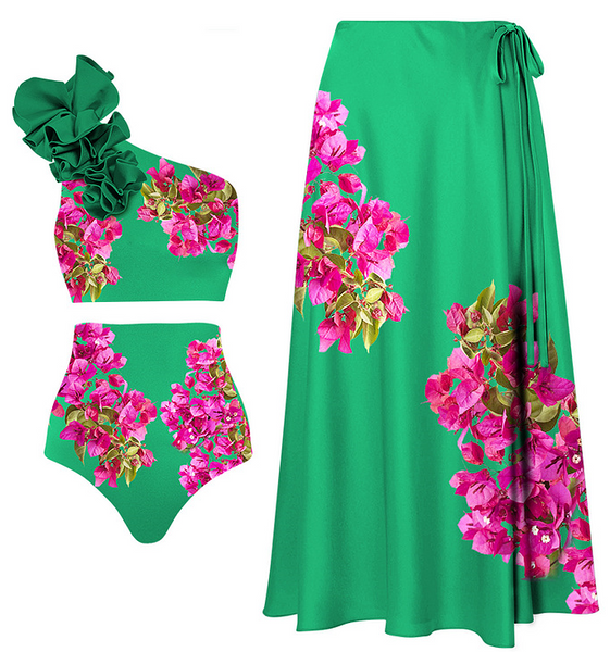 Flower Print One Shoulder Two Piece Swimsuit With Cover Up Green
