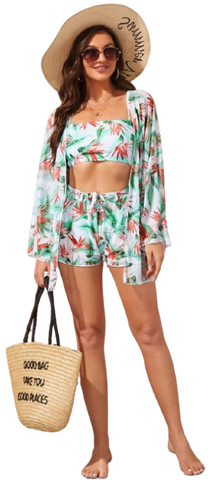 Tropical Print Bikini Set Cami Bra and Hipster Bottom with Shorts  and Cover Up 4 Piece Swimsuit Multicolor