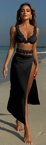 Solid Flower Décor Shoulder Straps Four Piece Bikini Swimsuit Black